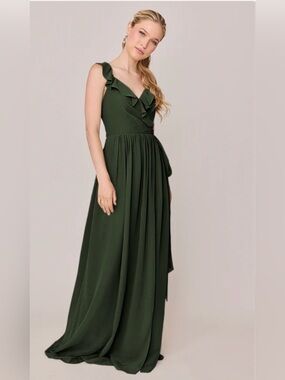 Revelry Valerie Chiffon Faux Wrap Ruffled V-Neck Maxi Dress Deep Olive Size 22